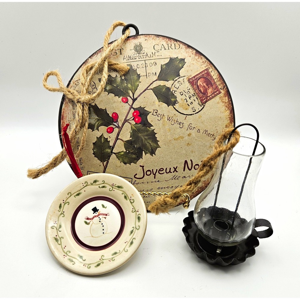 Christmas Hanging Ornament Set 3pc Charming Mini Plate, Metal Disc and Lamp